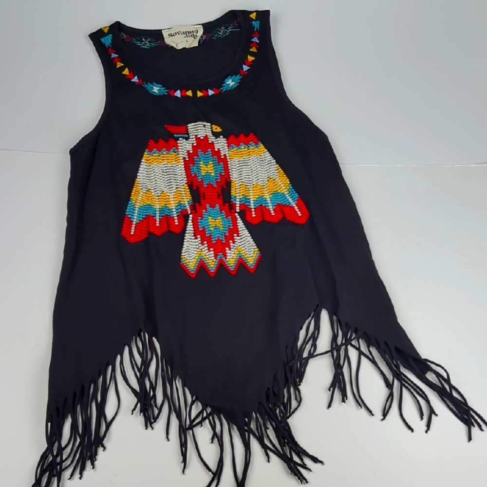 Savanna Jane Black Tank Top with Multicolor Beaded Eagle